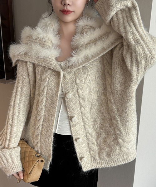 semuse カーディガン ビック衿ファーニットカーディガン レディース