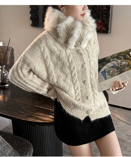 semuse カーディガン ビック衿ファーニットカーディガン レディース