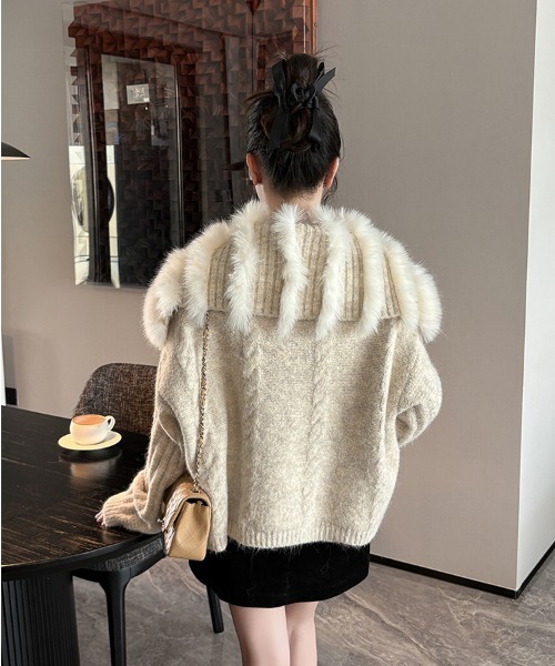 semuse カーディガン ビック衿ファーニットカーディガン レディース