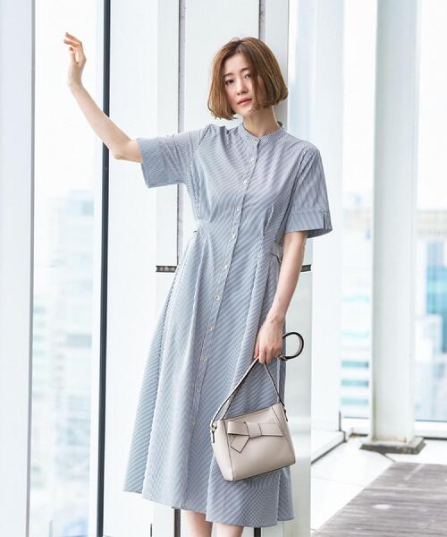 ENFOLD グレー 半袖 シャツワンピース　36 grove（グローブ） ワンピース 半袖 「低身長さんも選べる着丈/UV