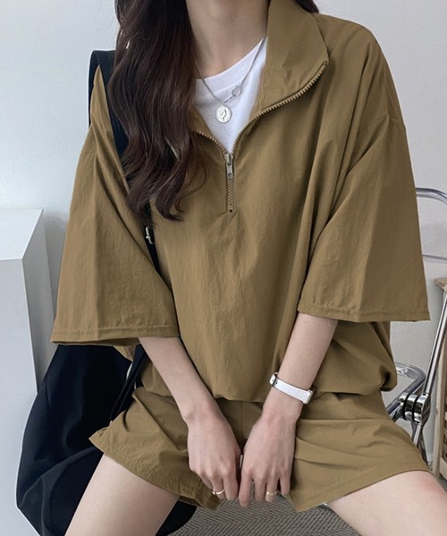 tシャツ 2点セットアップ オーバーサイズハーフジップトップス