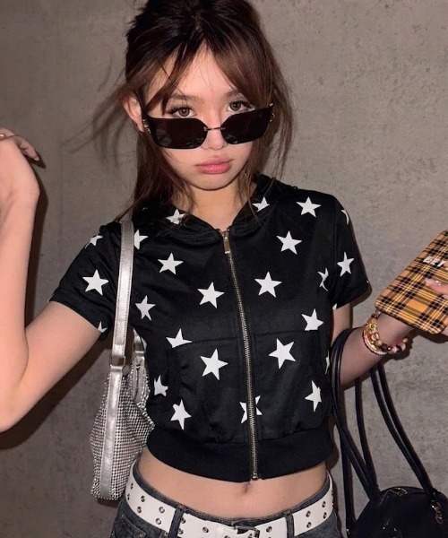 tシャツ 半袖 Y2K スタープリント ショートスリーブ ジップパーカー 