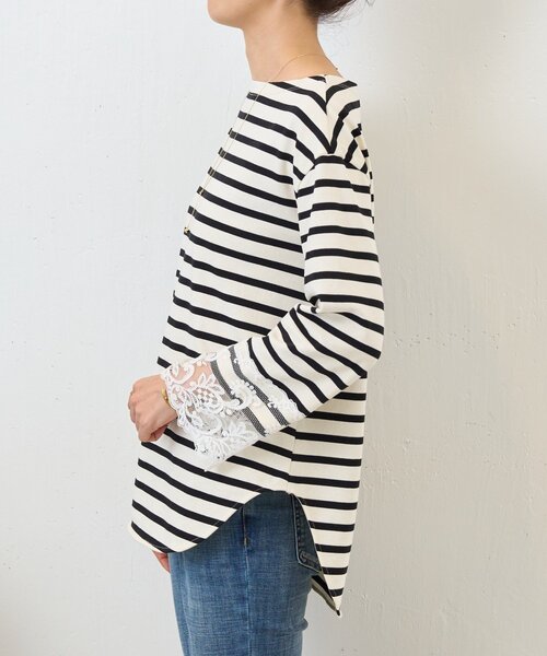 未使用級BEARDSLEY裾レースボーダーカットソー ゆったり2.2万 BEARDSLEY（ビアズリー） tシャツ 袖口レースボーダーカットソー