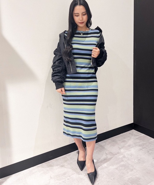 ロング丈ワンピース ニット 透け感 ボーダー L3348 y583-r1.jpg