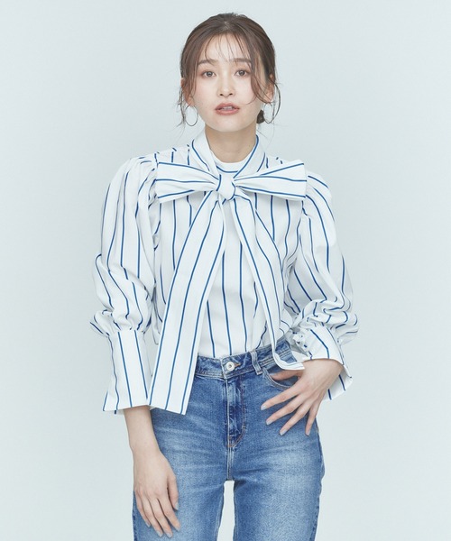 ブラウス シャツ STRIPED RIBBON BLOUSE レディース