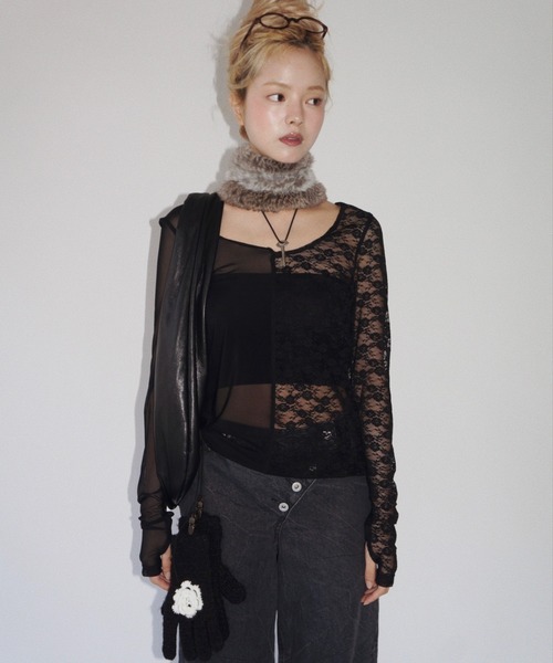 musubore tシャツ 2way half lace tops / ハーフレーストップス