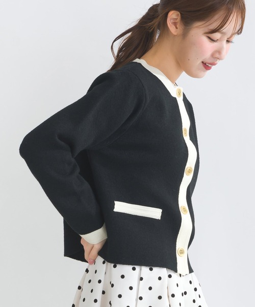 PICCIN ブラック カーディガン M フロントボタン ロゴ PICCIN（ピッチン） カーディガン 「WEB限定」ジャケット風バイカラー
