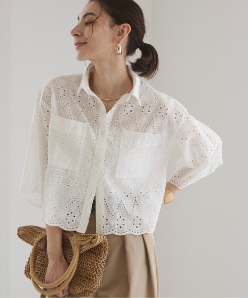ANGIE ブラウス シャツ スカラップレース ハーフスリーブ シャツ