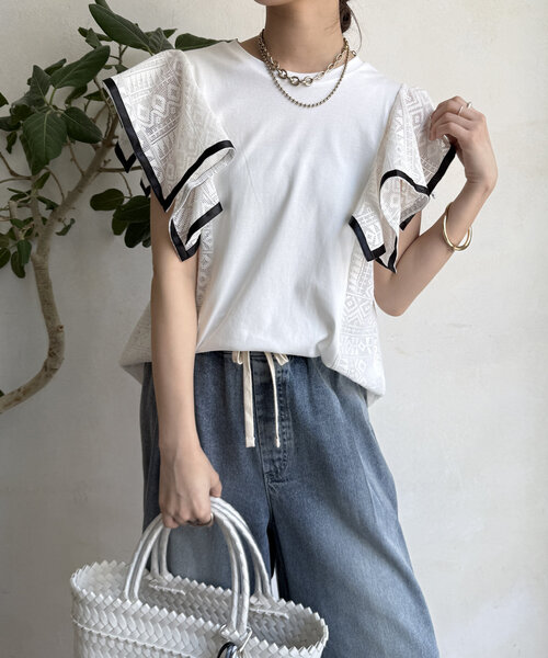DouDou tシャツ 「WEB限定」レース切替トップス レディース