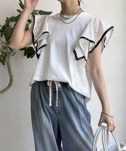 DouDouレース袖 ブラック Tシャツ DouDou tシャツ Tシャツ レース切替袖メロートップス : ZOZOTOWN
