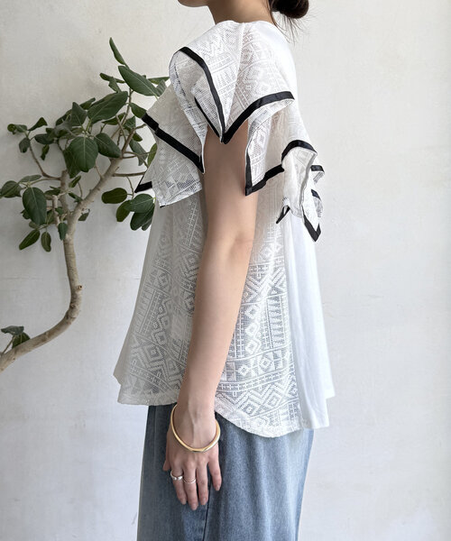 DouDouレース袖 ブラック Tシャツ DouDou tシャツ Tシャツ レース切替袖メロートップス : ZOZOTOWN