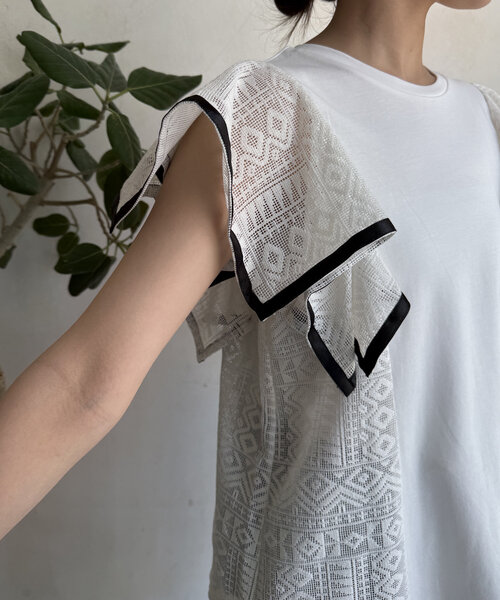 DouDouレース袖 ブラック Tシャツ DouDou tシャツ Tシャツ レース切替袖メロートップス : ZOZOTOWN