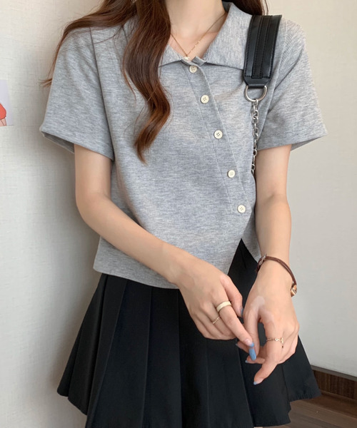 2ly2 カーディガン 半袖 斜めボタンが目を惹く、アシメシャツ風