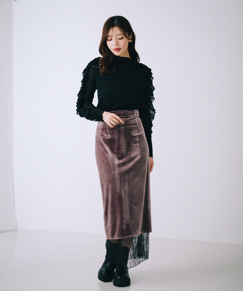 SELFIST（セルフィスト） スカート ベロア裾レーススカート スリット