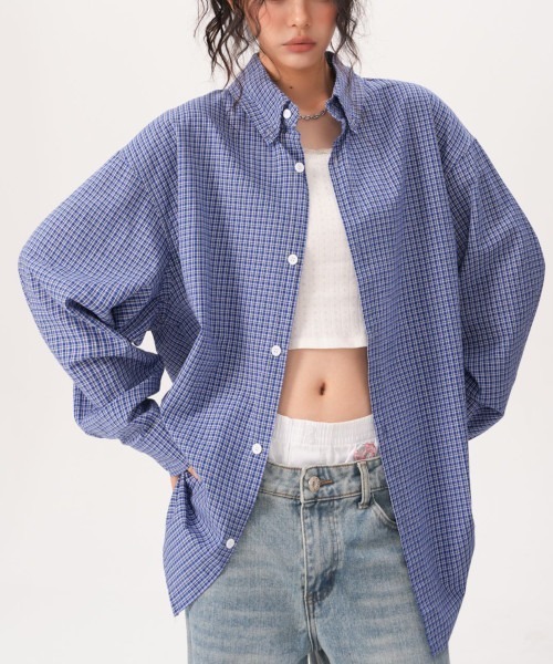 B.I.D. ブラウス シャツ 「Bz」ブルーチェックシャツ ルーズシルエット
