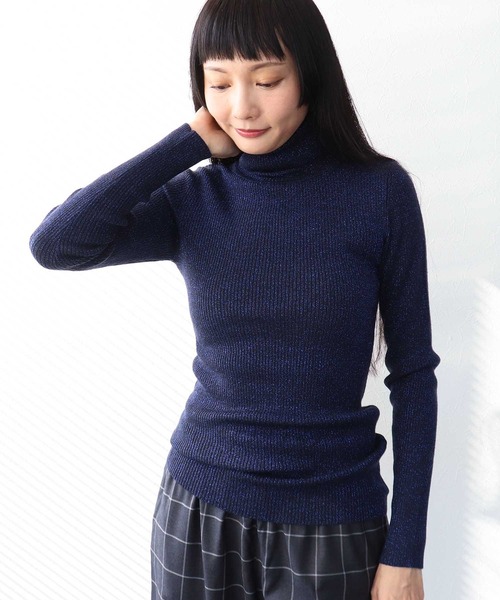 ダークネイビー タートルネックセーター　ラメ ダークネイビー タートルネックセーター ラメ セール】 ファインウール