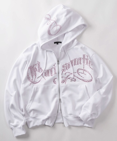 パーカー 「82」ラインストーン ショート丈 ジップパーカー/ポンチ