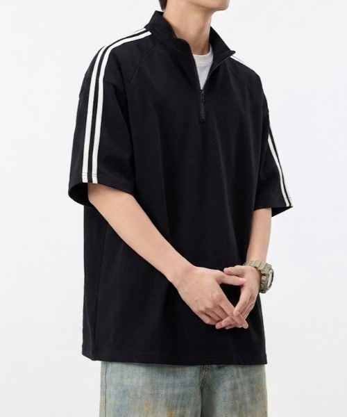 tシャツ 「26年春新作」サイドライン ハーフジップ 半袖プルオーバー
