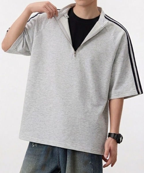 tシャツ 「26年春新作」サイドライン ハーフジップ 半袖プルオーバー