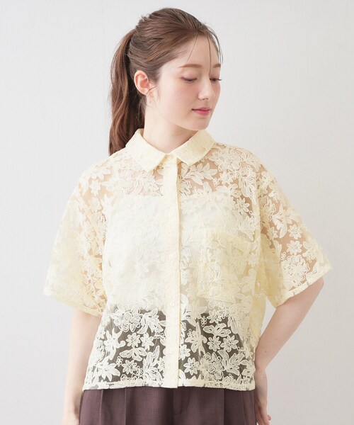 【希少】ISSEY MIYAKE メッシュ Tシャツ 薔薇刺繍 シアーシャツ 3 index（インデックス） ブラウス シャツ 半袖 フラワー刺繍シアー