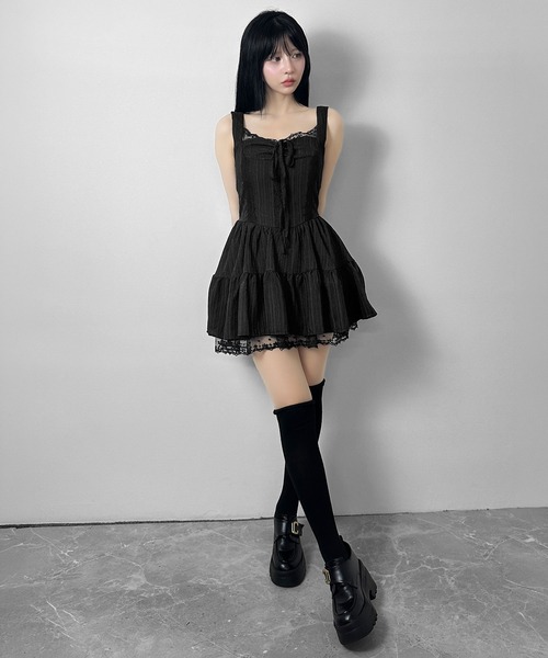  リボンプリーツミニワンピース　ブラック　ノースリーブ　キャミソール FOLLOWIN（フォロウィン） ワンピース 夏 フロントリボンレースキャミ