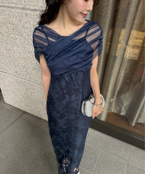 ドレス Cross tulle design flare dress