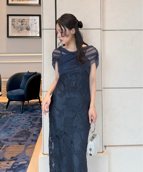 ドレス Cross tulle design flare dress