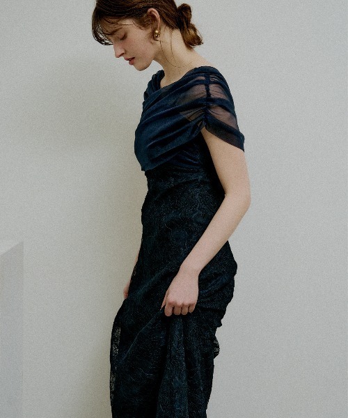ドレス Cross tulle design flare dress