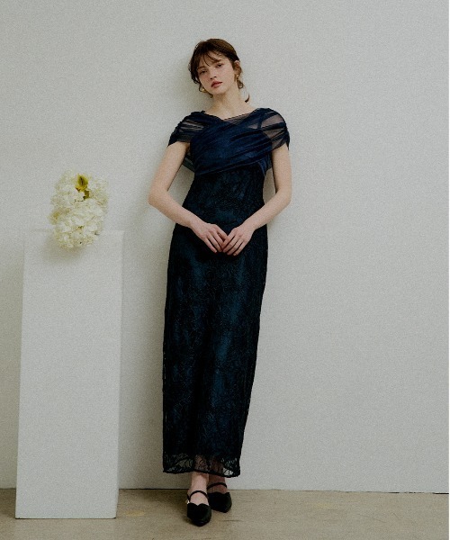 ドレス Cross tulle design flare dress
