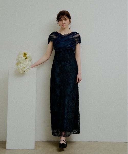 ドレス Cross tulle design flare dress