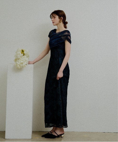 ドレス Cross tulle design flare dress