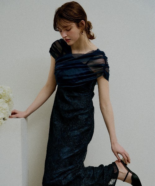 ドレス Cross tulle design flare dress
