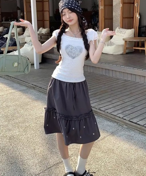 アルチビオ　半袖トップス　スカート　セット AsheKsha tシャツ 半袖 ハートプリント紐付きスクエアネック半袖