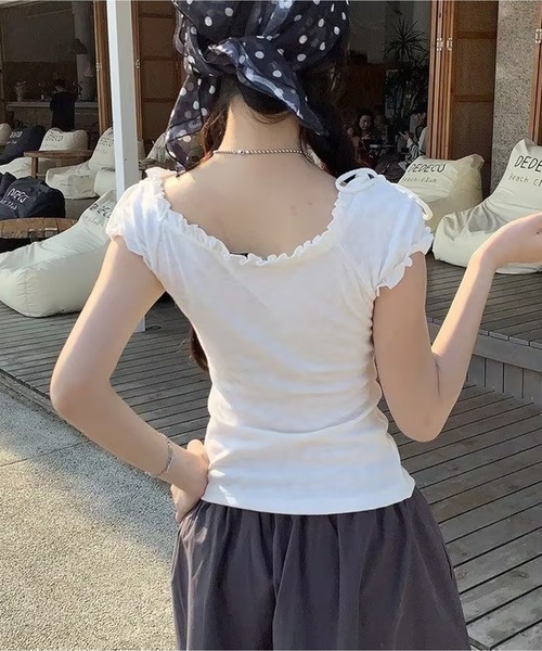 AsheKsha tシャツ 半袖 ハートプリント紐付きスクエアネック半袖