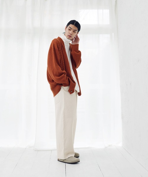 カーディガン オーバーサイズ ケーブル編み 切替デザイン Vネック