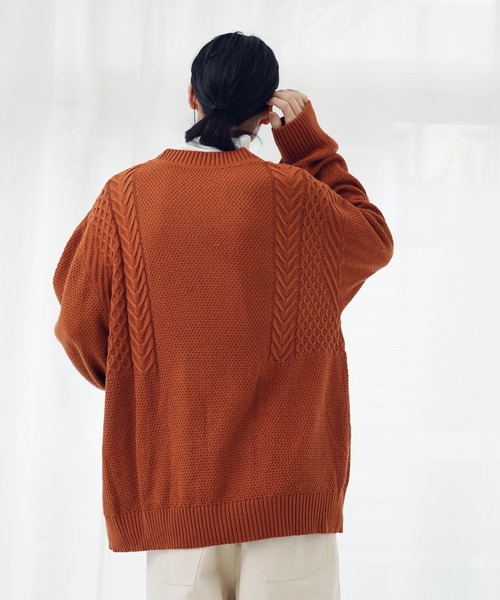 カーディガン オーバーサイズ ケーブル編み 切替デザイン Vネック