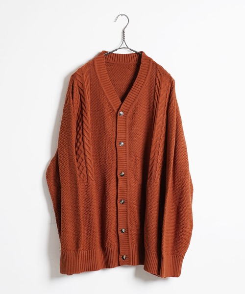 カーディガン オーバーサイズ ケーブル編み 切替デザイン Vネック