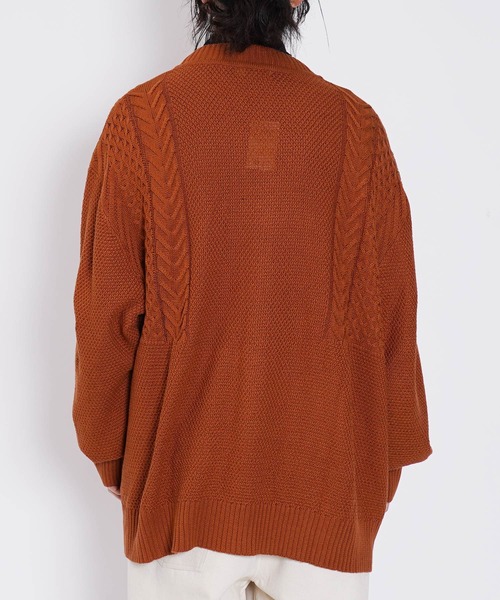 カーディガン オーバーサイズ ケーブル編み 切替デザイン Vネック