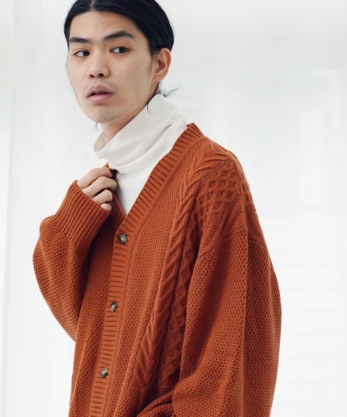 カーディガン オーバーサイズ ケーブル編み 切替デザイン Vネック