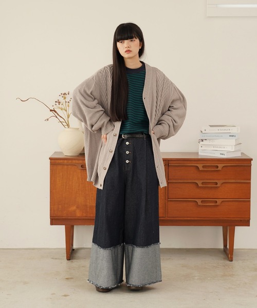 デコタロ！〜40’s Vintage カーディガン コの字どめ！激安 カーディガン オーバーサイズ ケーブル編み 切替デザイン Vネック