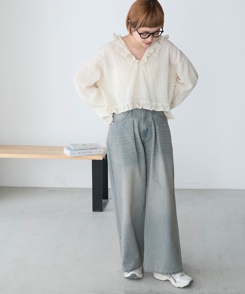 シャツ/ブラウス(長袖/七分) TULLE FLOCKY LAYERED TOPS COFREX】 クレリック スキッパー スタンド タックブラウス 七分袖