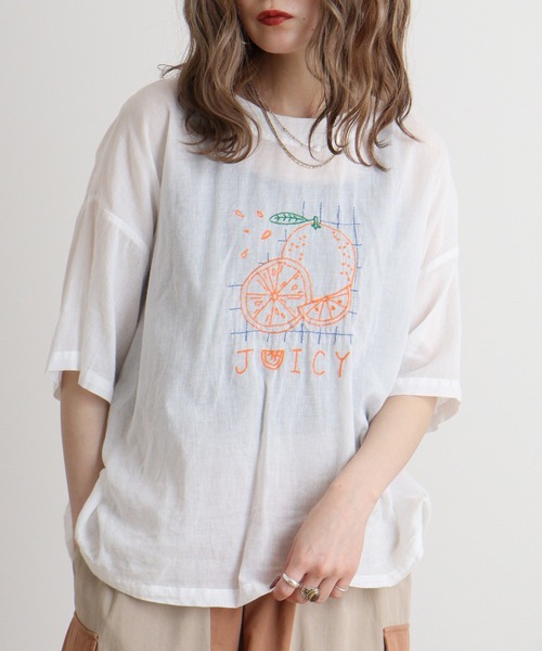 ブラウス シャツ EMAGO オレンジ刺繍ブラウス レディース