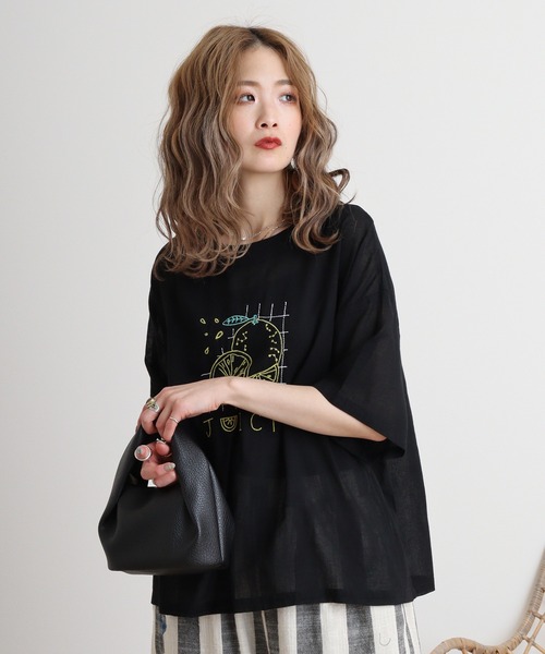Emago ブラウス シャツ EMAGO オレンジ刺繍ブラウス レディース