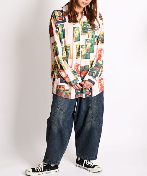 ブラウス シャツ 柄シャツ タバコ柄 総柄シャツ レトロ レディース メンズ