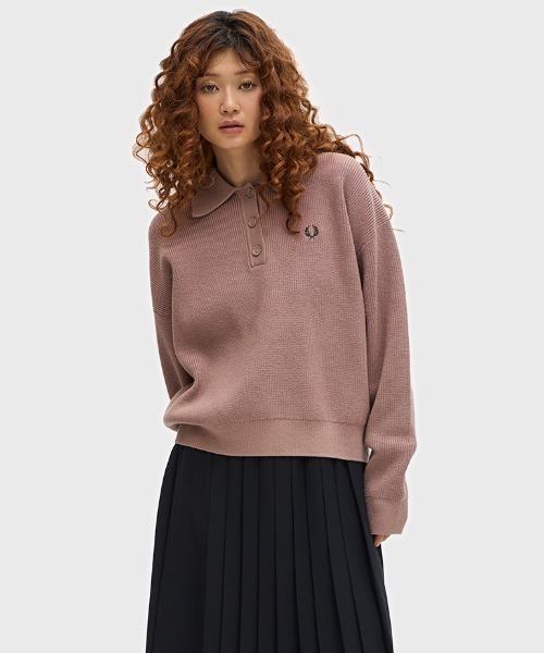 【値下げ】23AW完売品　フレッドペリー　ニットプリーツシャツ　UK10 FRED PERRY ニット セーター Knitted Shirt レディース