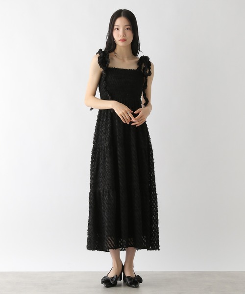 シェル シースルー ジャガード フリル フレア 袖 ワンピース Heather ワンピース ジャガードフリルキャミワンピース 326090