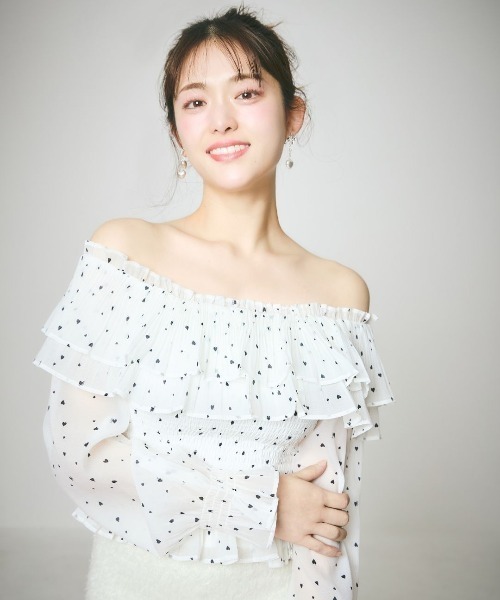 ブラウス シャツ Heart Pattern Off Shoulder Blouse-ハート柄ブラウス レディース