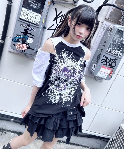 REFLEM【レフレム】パラシュートベルト付きプリントビッグTシャツ REFLEM tシャツ 「REFLEM/レフレム」薔薇プリントラグランT