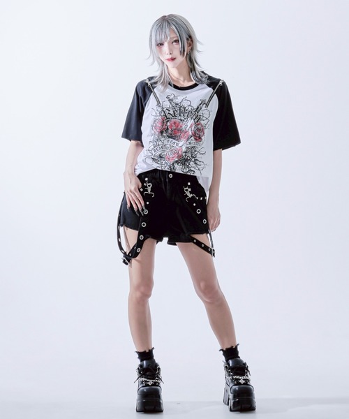 tシャツ 「REFLEM/レフレム」薔薇プリントラグランTシャツ/ハーフスリーブカットソー レディース メンズ REFLEM tシャツ 「REFLEM/レフレム」薔薇プリントラグランT