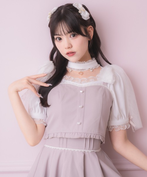 tシャツ チュールリボンビスチェ×デコルテ開きトップスセット レディース